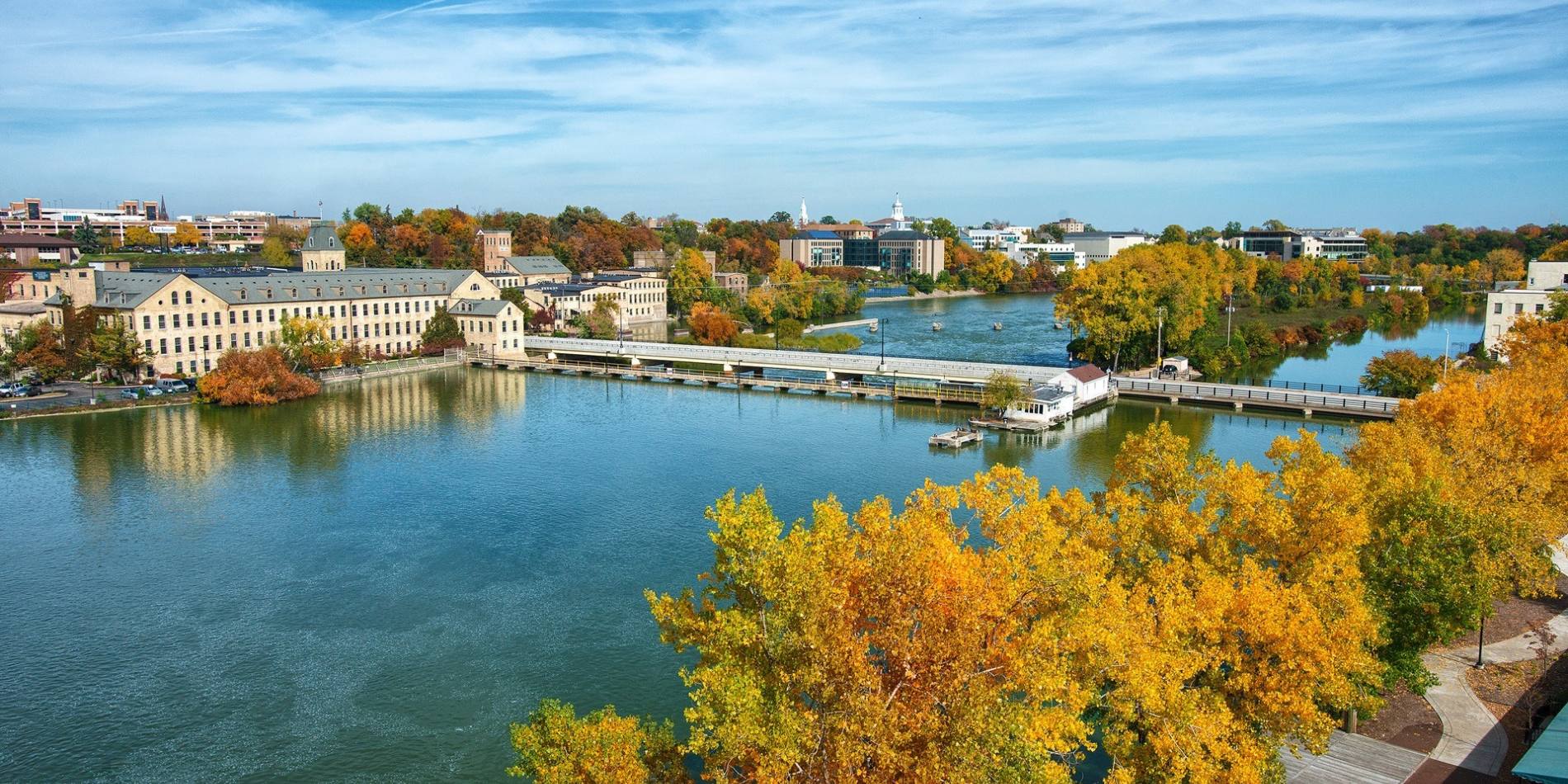 Aerial shot of riverside town
