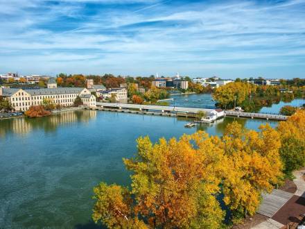 Aerial shot of riverside town