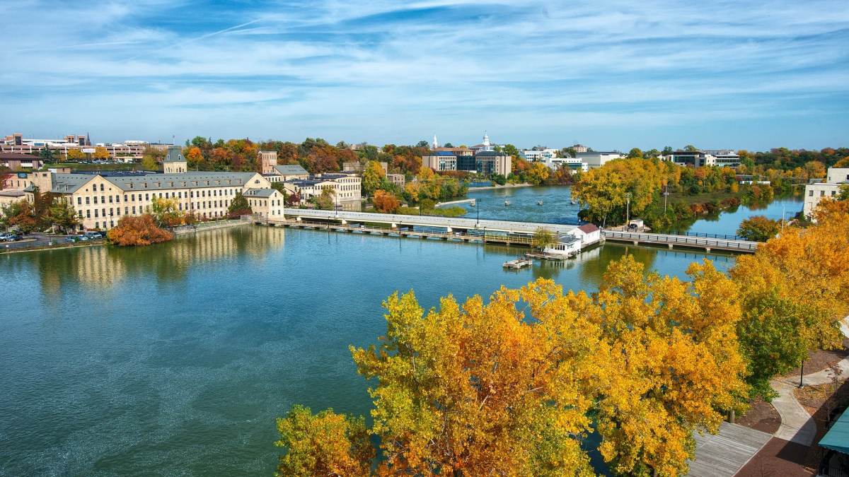 Aerial shot of riverside town